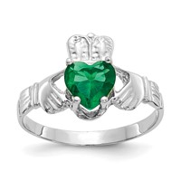 14K White Gold May CZ Heart Birthstone Claddagh Ring view 1