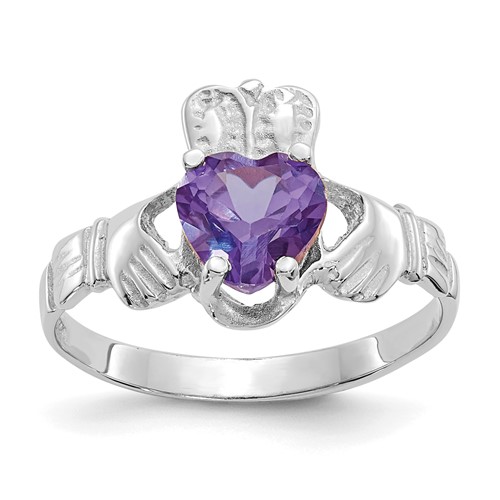 14K White Gold June CZ Heart Birthstone Claddagh Ring