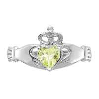 14K White Gold August CZ Heart Birthstone Claddagh Ring view 5
