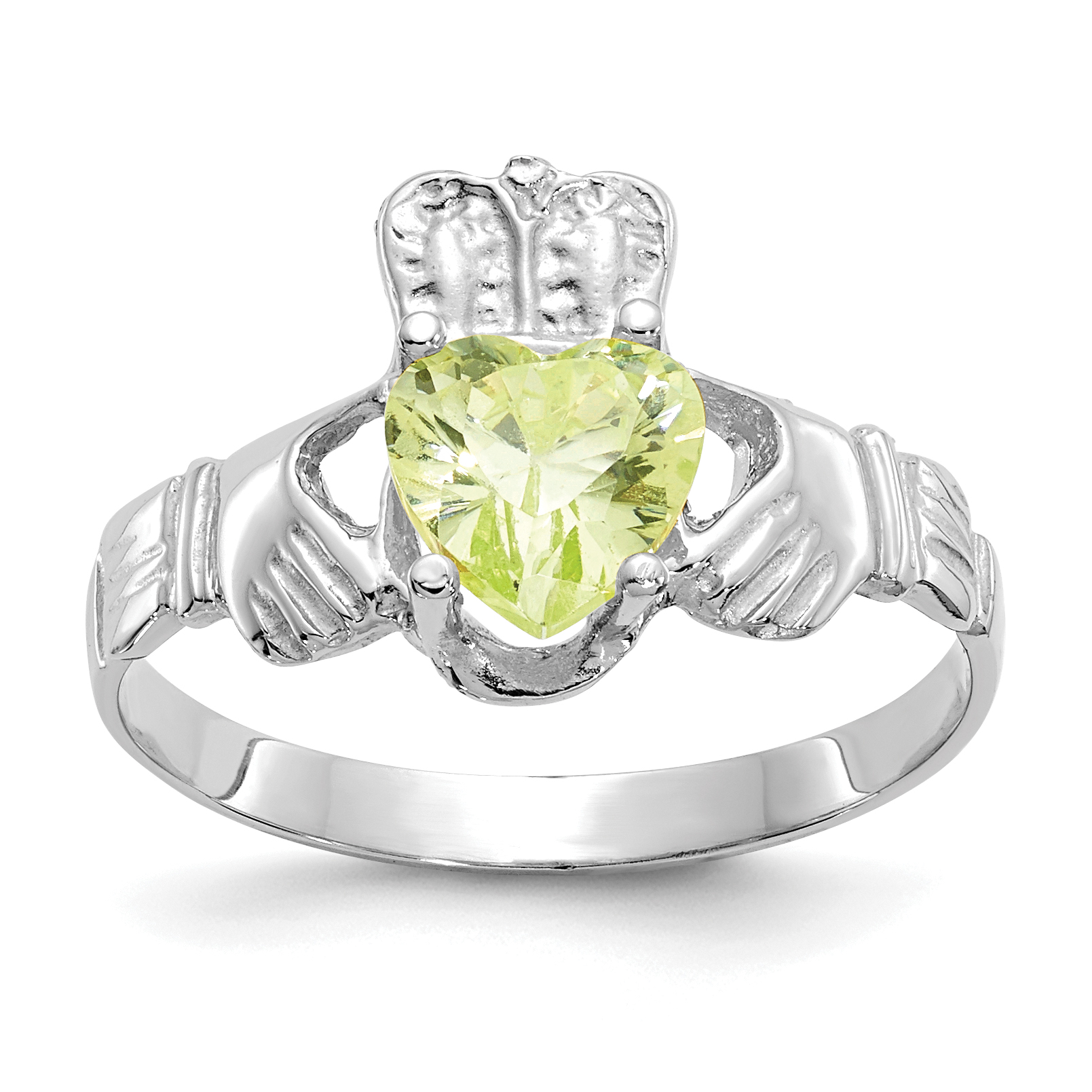14k White Gold August CZ Birthstone Claddagh Ring (R506)