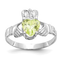14K White Gold August CZ Heart Birthstone Claddagh Ring view 1