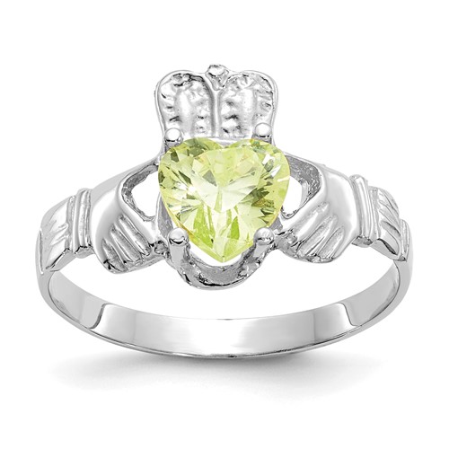 14K White Gold August CZ Heart Birthstone Claddagh Ring
