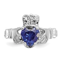 14K White Gold September CZ Heart Birthstone Claddagh Ring view 5