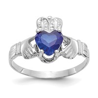 14K White Gold September CZ Heart Birthstone Claddagh Ring view 1