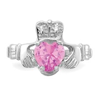 14K White Gold October CZ Heart Birthstone Claddagh Ring view 5