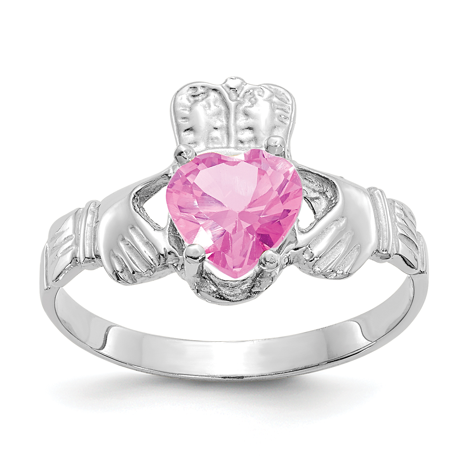 14k White Gold October CZ Birthstone Claddagh Ring (R508)