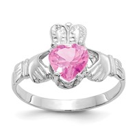 14K White Gold October CZ Heart Birthstone Claddagh Ring view 1