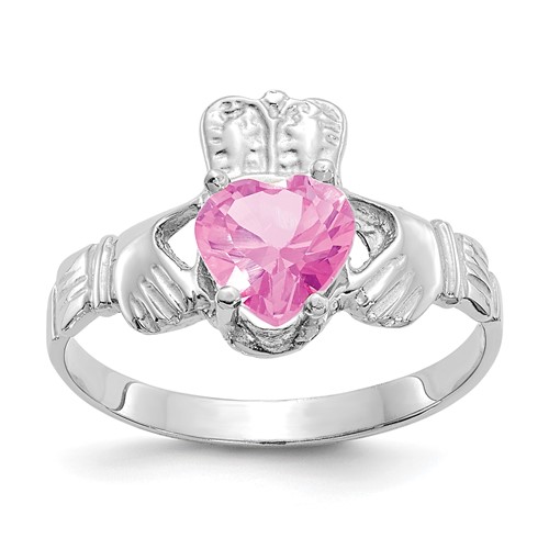 14K White Gold October CZ Heart Birthstone Claddagh Ring