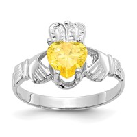 14K White Gold November CZ Heart Birthstone Claddagh Ring view 1