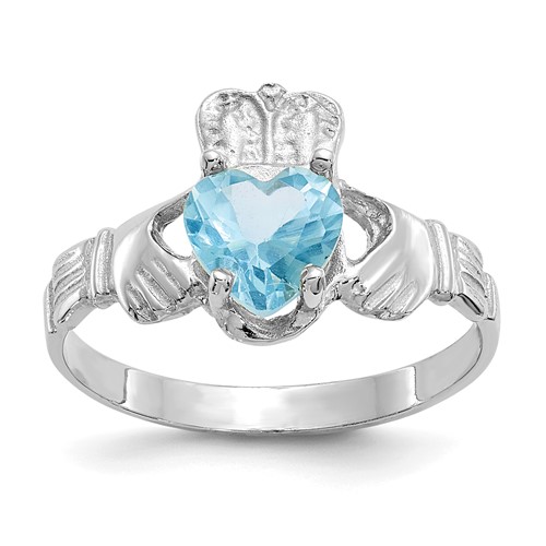 14k White Gold December CZ Heart Birthstone Claddagh Ring