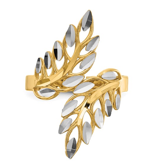 14k and White Rhodium Diamond-cut Leaves Bypass Ring