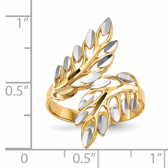 14k and White Rhodium Diamond-cut Leaves Bypass Ring