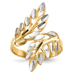 14k and White Rhodium Diamond-cut Leaves Bypass Ring