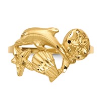 14K Yellow Gold Polished and Satin Diamond-cut Dolphin Starfish Shell Sand Dollar Ring view 4