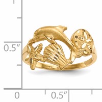 14K Yellow Gold Polished and Satin Diamond-cut Dolphin Starfish Shell Sand Dollar Ring view 5