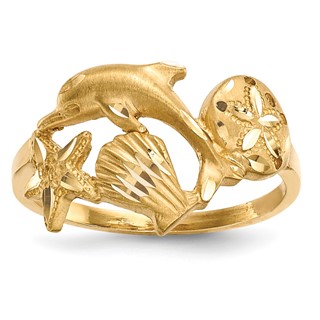 14k Polished and Satin Diamond-cut Dolphin/Starfish/Shell/Sand Dollar Ring