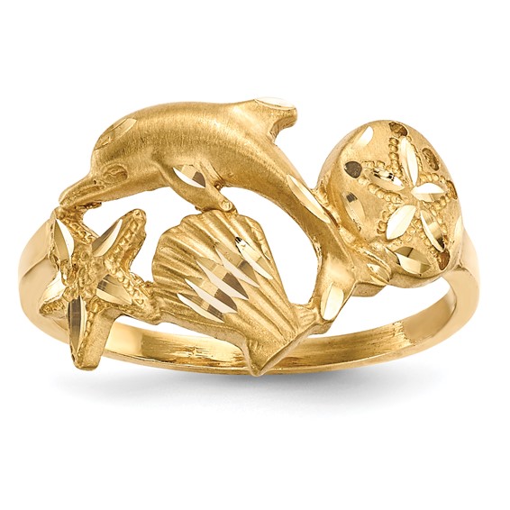 14k Polished and Satin Diamond-cut Dolphin/Starfish/Shell/Sand Dollar Ring