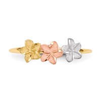 14K Two-tone Ring with White Rhodium Polished and Satin 3 Plumeria Flowers view 3