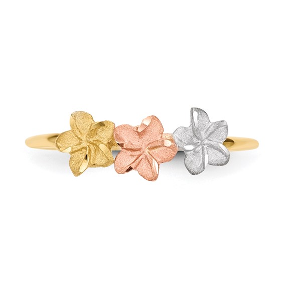 14k Two-tone with White Rhodium Polished and Satin 3 Plumeria Flowers Ring
