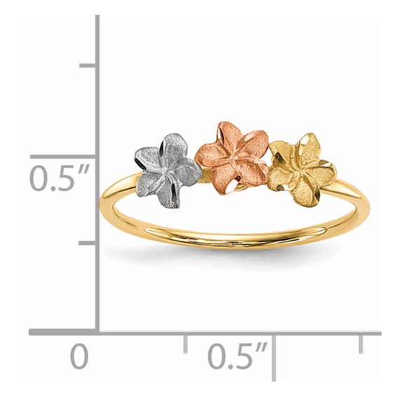 14k Two-tone with White Rhodium Polished and Satin 3 Plumeria Flowers Ring