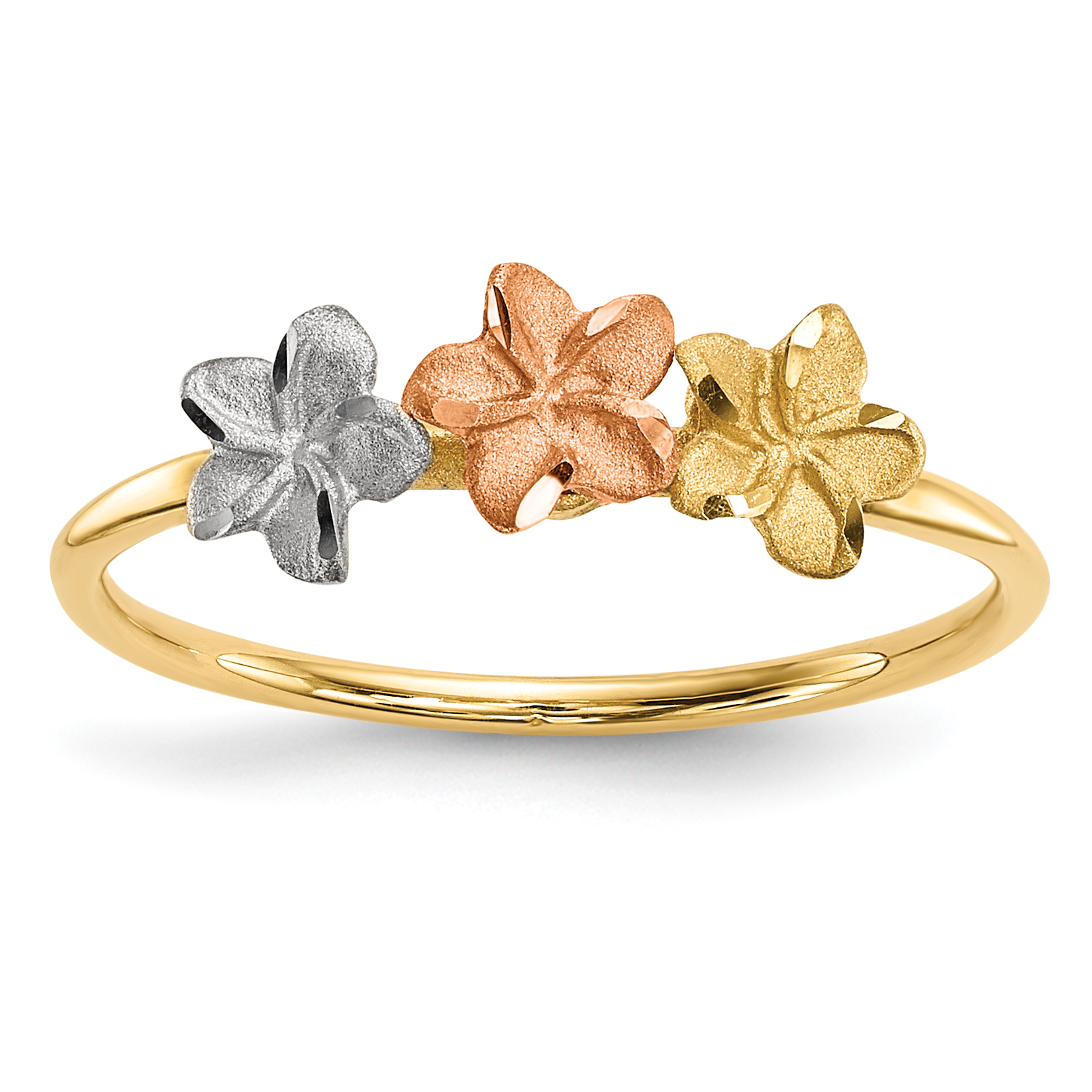 14k Two-tone w/White Rhodium Polished and Satin 3 Flower Ring (R631)