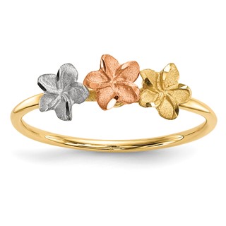 14k Two-tone with White Rhodium Polished and Satin 3 Plumeria Flowers Ring