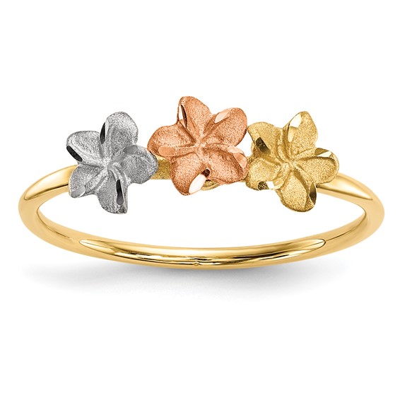 14k Two-tone with White Rhodium Polished and Satin 3 Plumeria Flowers Ring