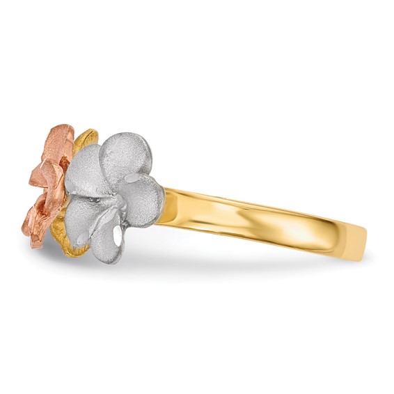 14k Two-tone with White Rhodium Satin Diamond-cut 3-Plumeria Flowers Ring