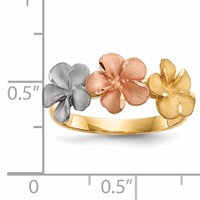 14K Two-tone Ring with White Rhodium Satin Diamond-cut 3-Plumeria Flowers view 4