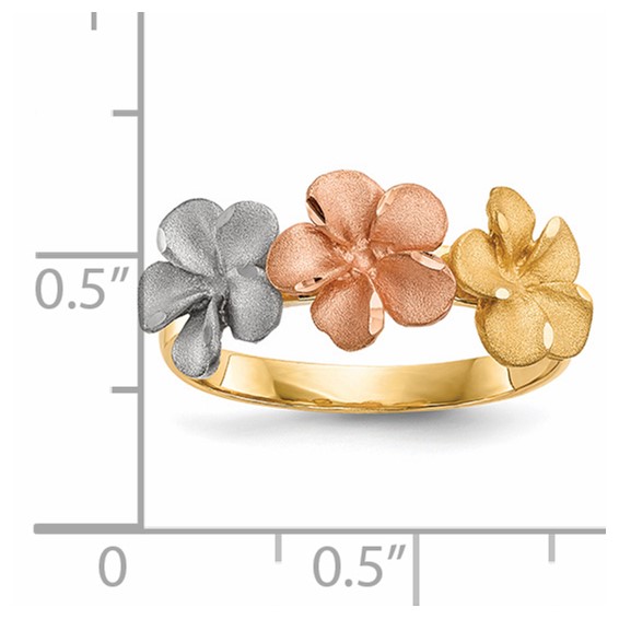 14k Two-tone with White Rhodium Satin Diamond-cut 3-Plumeria Flowers Ring