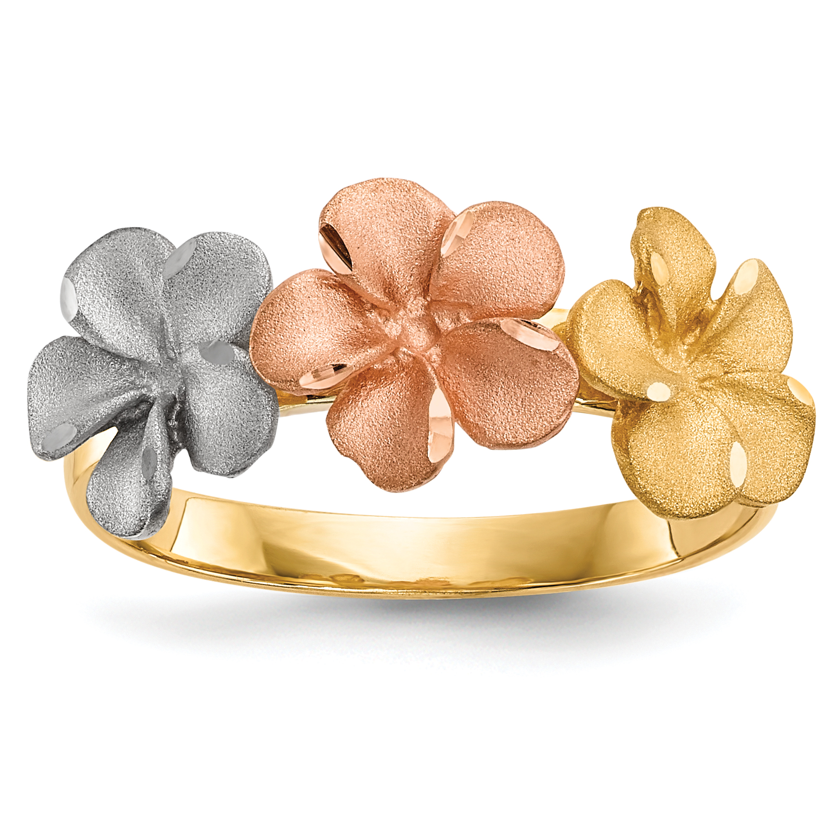 14k Two-tone w/White Rhodium Satin D/C 3-Plumerias Ring (R633)