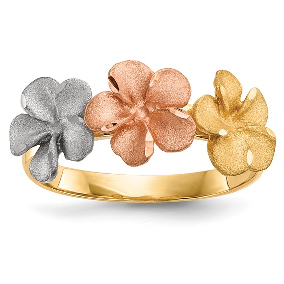 14k Two-tone with White Rhodium Satin Diamond-cut 3-Plumeria Flowers Ring