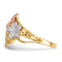 14K Two-tone Ring with White Rhodium Polished and Satin Diamond-cut 4-Plumeria Flowers view 2