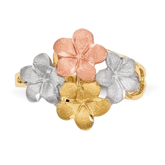 14k Two-tone with White Rhodium Polished and Satin Diamond-cut 4-Plumeria Flowers Ring