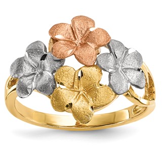 14k Two-tone with White Rhodium Polished and Satin Diamond-cut 4-Plumeria Flowers Ring