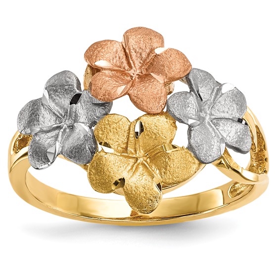 14k Two-tone with White Rhodium Polished and Satin Diamond-cut 4-Plumeria Flowers Ring