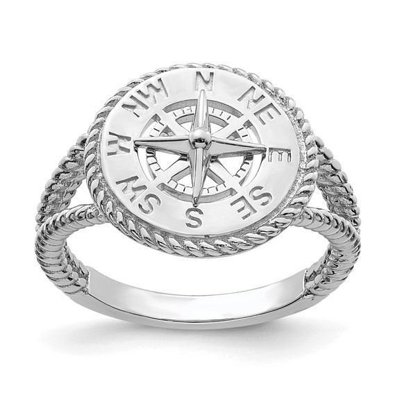 14K White Gold Nautical Compass Rope Edge Ring