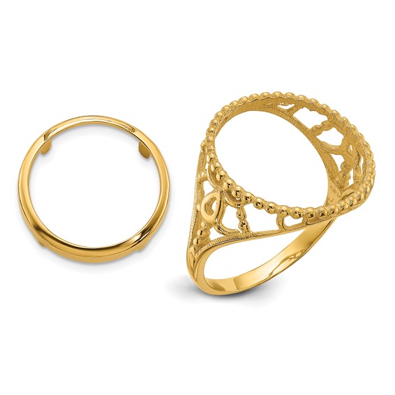 Wideband Distinguished Coin Jewelry 14k Ladies' Polished and Beaded Fancy Wire 14.0mm Coin Bezel Ring