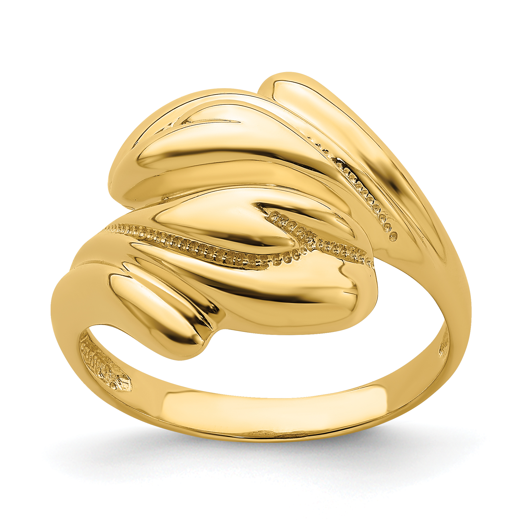 14k Polished Beaded Swirl Crossover Ring (R758)