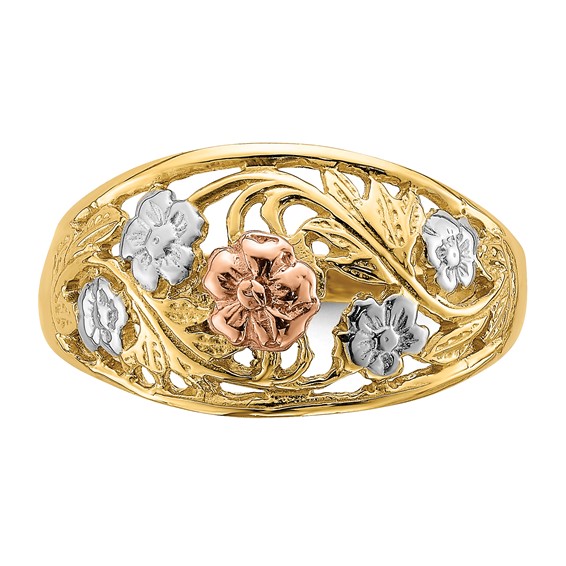 14k Tri-Color with White Rhodium Floral Dome Ring