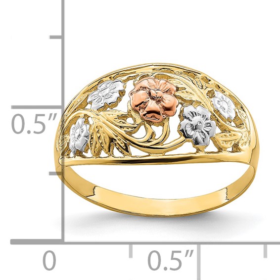 14k Tri-Color with White Rhodium Floral Dome Ring