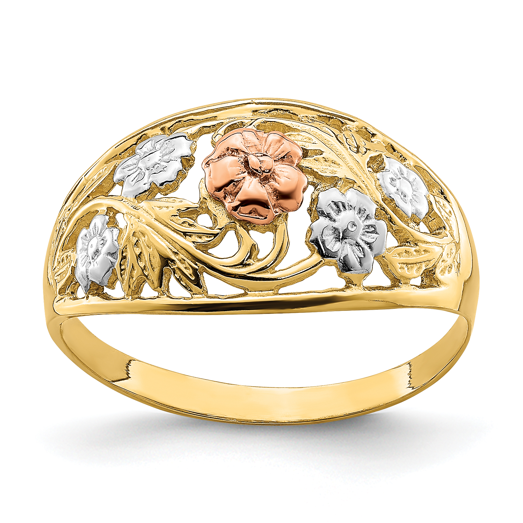 14k Tri- Color w/White Rhodium Floral Dome Ring (R923)