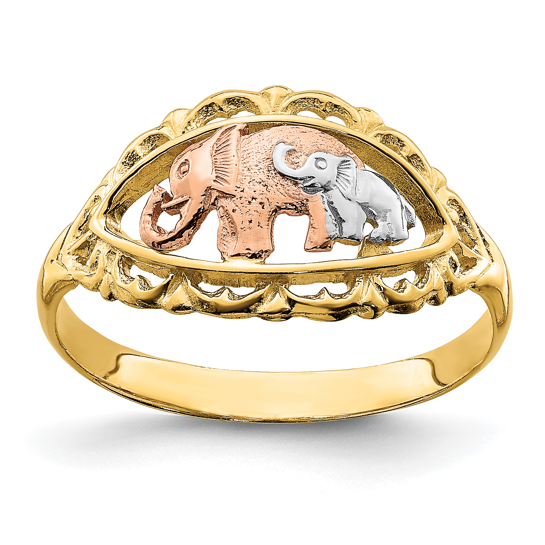 14k Two-tone w/White Rhodium Two Elephants Ring (R925)