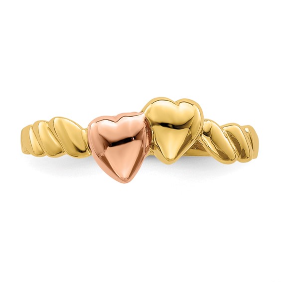 14k Two-Tone Two Hearts Ridged Ring