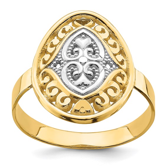 14k and White Rhodium Oval Shield and Hearts Ring