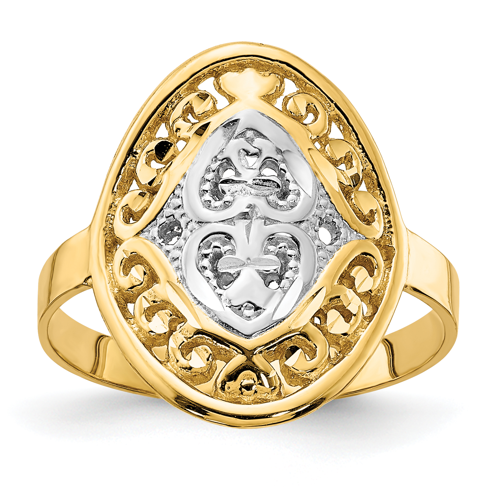 14k w/Rhodium Oval Shield and Hearts Ring (R937)