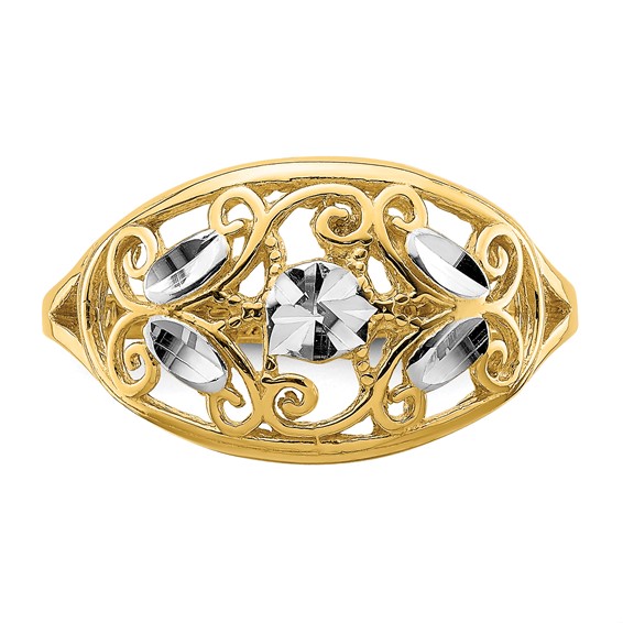 14K and White Rhodium Diamond-cut Oval Filigree Ring