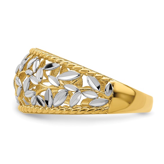 14k and White Rhodium Diamond-cut Filigree Leaf Ring