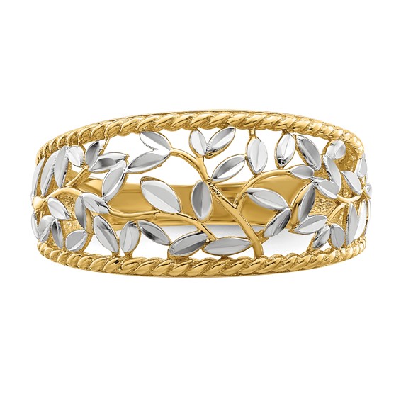 14k and White Rhodium Diamond-cut Filigree Leaf Ring