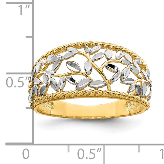 14k and White Rhodium Diamond-cut Filigree Leaf Ring